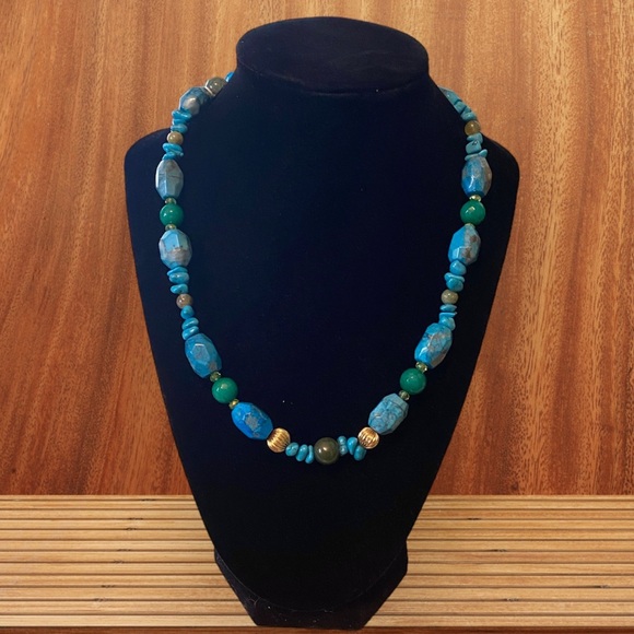 New Natural Turquoise, Pure Gold, & Jade Handmade Necklace Blue Gold Green NWT - Picture 10 of 15
